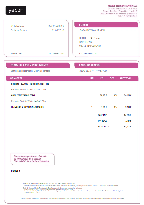 SPAIN YACOM utility bill Word and PDF template